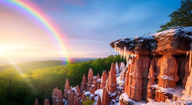 A breathtaking landscape of hoodoos with snow and a vibrant rainbow in the sky at sunrise or sunset