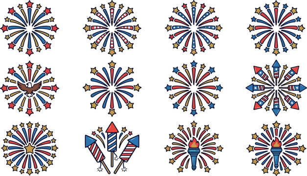 Patriotic dartboard targets, red white blue starburst icons, 12 element set, vector graphics
