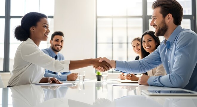 Diverse team colleagues successful handshake agreement modern office