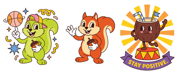 Cute cartoon squirrels holding acorns and happy coconut with ribbon sign. © Ojufa