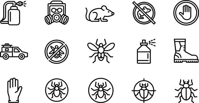 Pest Control and Extermination Icon Set with Spray, Rat, Gas Mask, No Insect Signs, Bug Targets Line Style Vector Illustration
