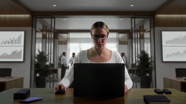 Caucasian Professional Reviews Visual Data Representations Displayed On Laptop In Modern Office Environment