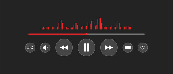 Music media player interface buttons, Glass audio video buttons, Playlist tracker interface icons, Player screen with icons and music playback bar © VaniLinka