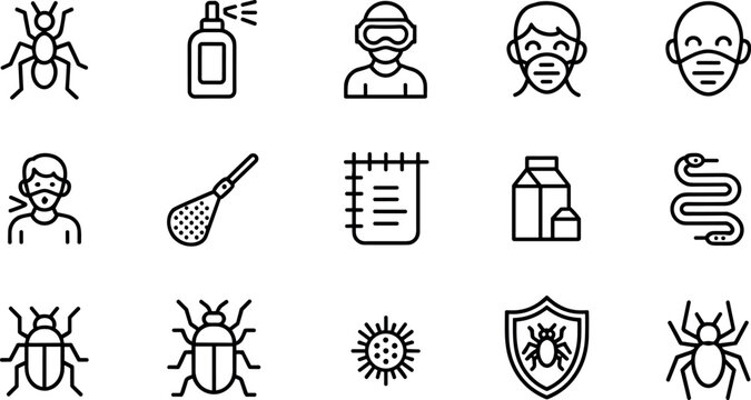 Pest Control and Disinfection Icon Set with Insects, Spray, Protective Mask, Virus, Cleaning Tools Line Style Vector Illustration