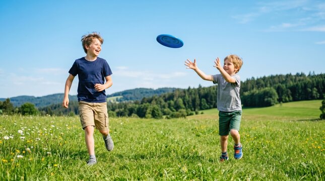 Two brothers playing frisbee in a sunny summer meadow. Kids throwing and catching a flying disc on a green field. Active childhood, outdoor family fun, sports leisure and recreation.