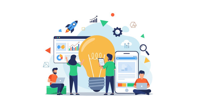 Teamwork and Innovation Lightbulb Business Strategy Development.