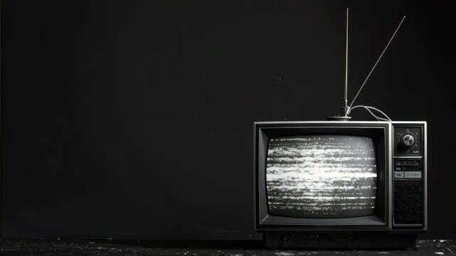 Vintage television displaying static noise, symbolizing media disruption and retro technology on a dark wall.