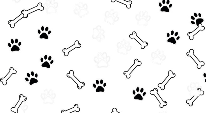 Seamless Dog Paw and Bone Pattern Vector with Black and White Pet Footprint Background for Animal Lovers Textile Wrapping Paper Design