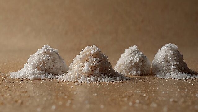 Small Piles of Polished White Crushed Stones or Decorative Gravel Arranged in a Row on a Sandy Surface, Zen Garden Aesthetic for Landscaping, Interior Decor, and Wellness Concepts