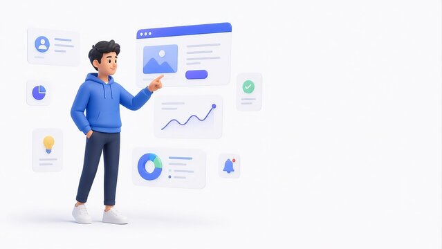 3D illustration of a user interacting with a digital dashboard interface, featuring analytics charts and data visualization, representing user experience, data analysis, and modern web applications.