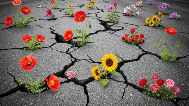 Resilience Blossoms: A vibrant testament to nature's tenacity, with colorful flowers blooming defiantly through cracks in the pavement, symbolizing hope and the strength of life.