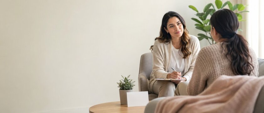 Therapy session in bright office with female counselor taking notes while listening to woman on sofa, indoor plants, soft light, and copy space
