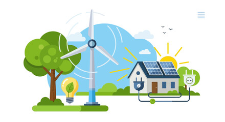 Eco-friendly house with wind turbine and solar panels. © Formasi