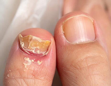Fungal infection on a toenail closeup.