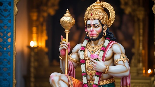 Hanuman hindu deity holding mace symbolizing strength devotion courage and spiritual power in temple setting
