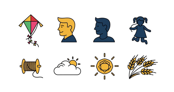 Line art icons of kite people sun wheat and spool on transparent background
