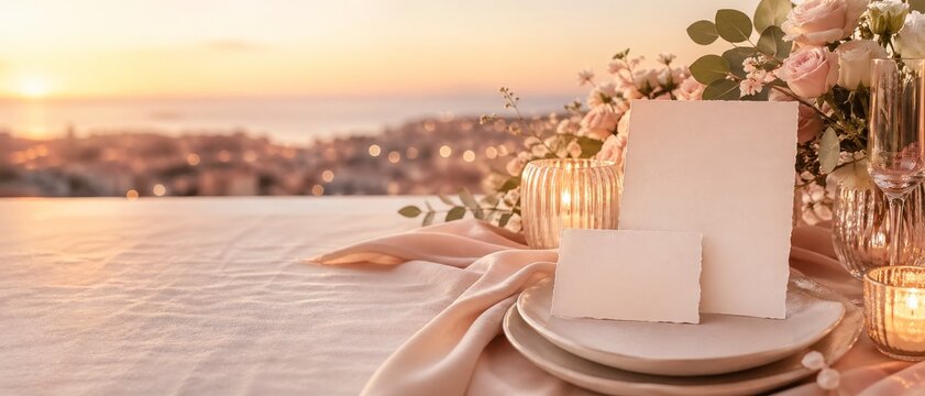 Romantic sunset table setting with blank deckle edge cards on plates, glowing candles, pink roses, glassware, and soft bokeh view over water