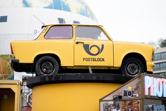 Trabi sculpture at the TrabiWorld. Trabant car, iconic East German vehicle, manufactured by VEB Sachsenring Automobilwerke Zwickau on April 21, 2026 in Berlin, Germany.