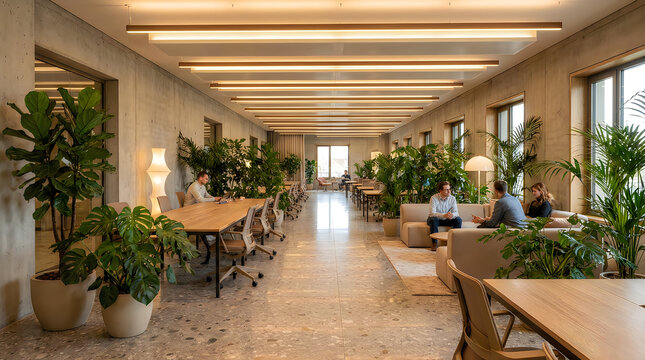Modern office interior with plants and natural lighting