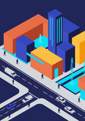 Fototapeta premium Modern Isometric City Illustration with Colorful Buildings, Urban Street Scene, Fountains, and Traffic