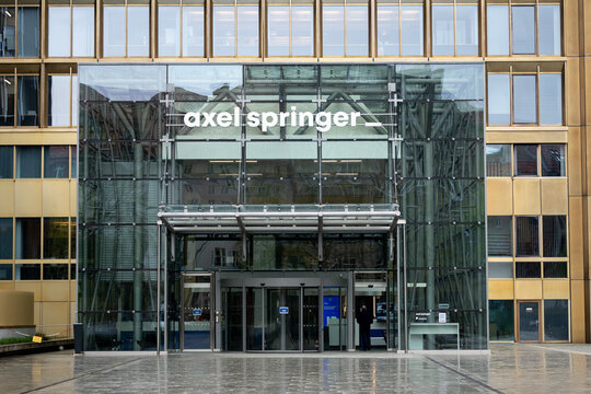 Axel Springer headquarters building with brand logo sign. German media and technology company, corporate office and campus on April 21, 2026 in Berlin, Germany.