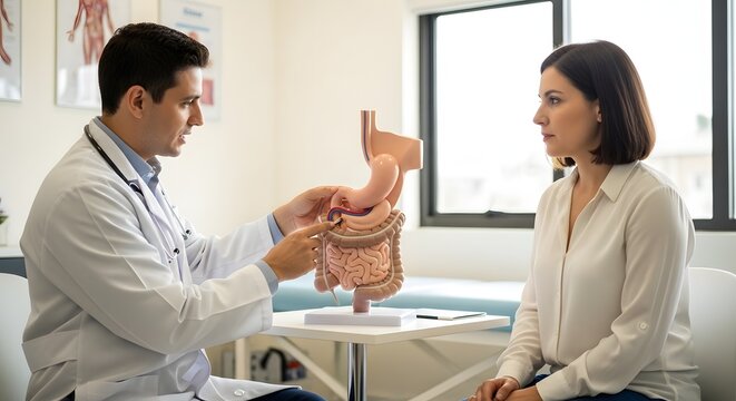 Doctor explaining digestive system to female patient in clinic