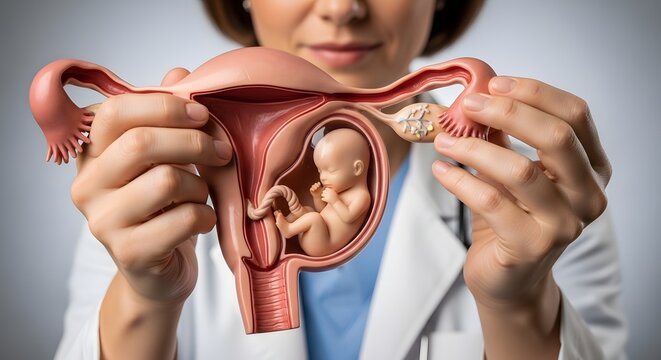 Doctor holding detailed anatomical uterus and twin fetus model