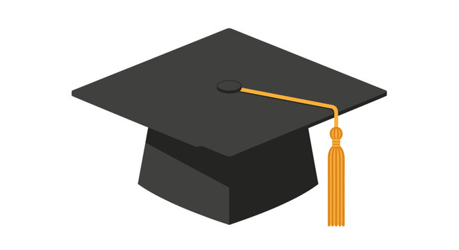 High-angle isometric illustration of a classic black academic mortarboard graduation cap featuring a long golden yellow tassel, isolated on a plain white background for design.