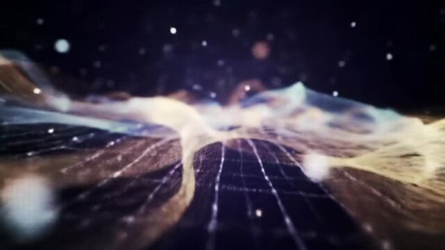 Elegant abstract video: ultra-luminous particles & light trails form evolving neural networks in a cosmic void, CGI, soft bokeh, dynamic camera. Concept of advanced technology and connectivity