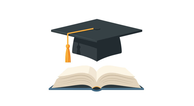 Academic graduation mortarboard with a golden yellow tassel positioned over an open printed book with visible pages, vector illustration isolated on white background.