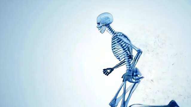 vitamins for joint and bone health. Transparent skeleton figure made of water in motion, artistic style, on light background. Concept of health, anatomy, transformation, energy.