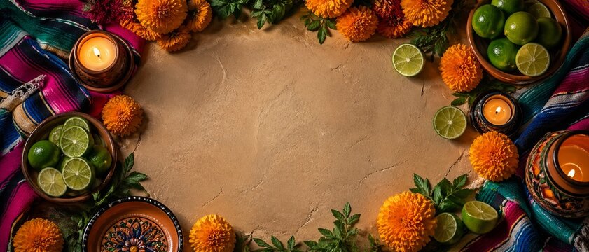 Festive flat lay border of orange marigolds, limes, glowing candles, clay bowls and colorful woven textiles on tan textured copy space.