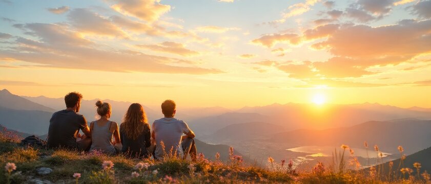 Four people sitting on a grassy mountain ridge watching golden sunset over layered peaks, valley lakes, wildflowers and glowing cloudscape.