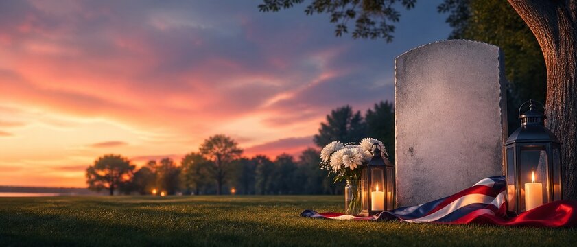 Blank gravestone memorial at sunset with lantern candles, white flowers and red white blue draped cloth beneath a tree in peaceful grassy park