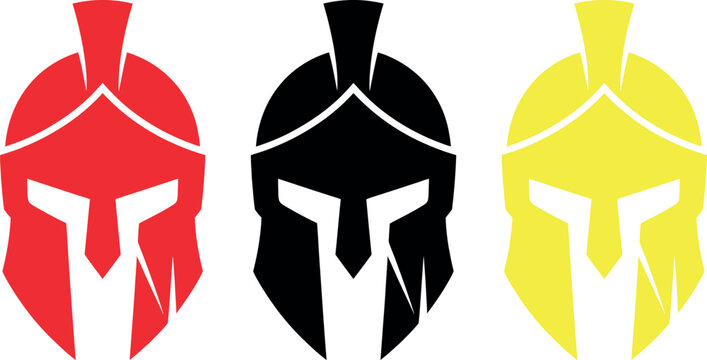 Three colorful spartan warrior helmets in a row with red, black, and yellow designs