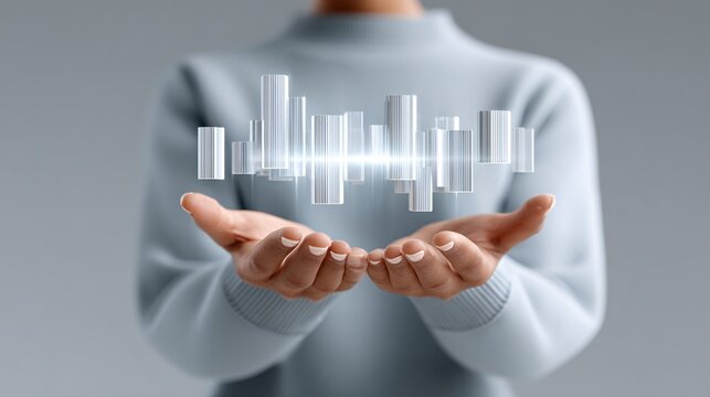hands controlling floating data charts with gesture, futuristic business concept, copy space