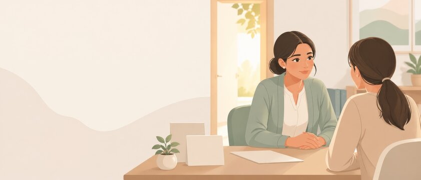 Soft vector illustration of a woman advisor speaking with a female client at a desk in a warm office interior with copy space and gentle sunlight
