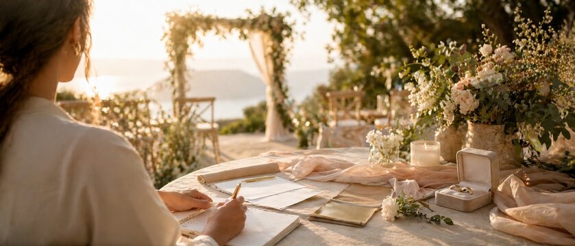 Woman writing wedding plans at sunlit outdoor table with floral arch, ring box, candles, fabric, and waterside ceremony decor in golden light