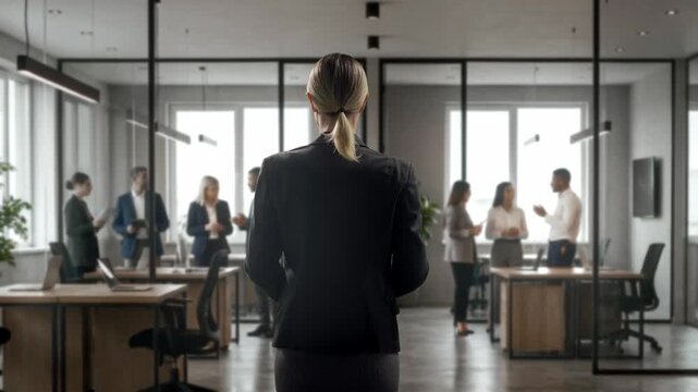 Caucasian Manager Directs Team During Strategic Negotiations Visible Through Glass Barriers In Conference Room