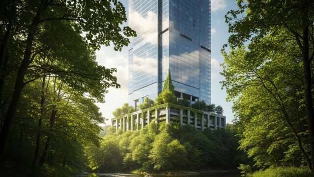 Eco-Friendly Skyscraper: An awe-inspiring skyscraper blends seamlessly with its verdant surroundings, showcasing sustainable design and a commitment to environmental harmony.