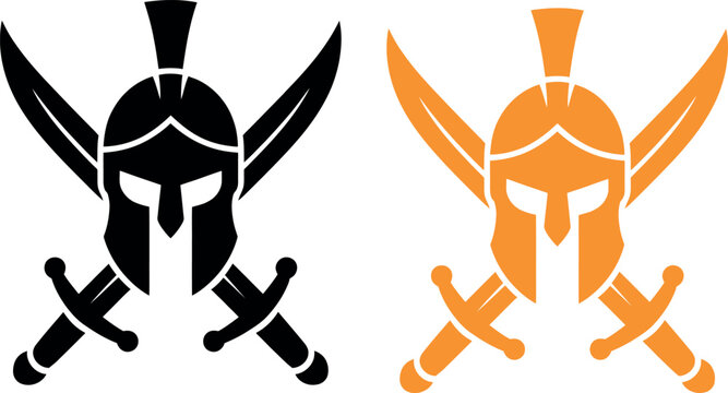 Crossed swords with spartan helmet icon in black and orange color scheme