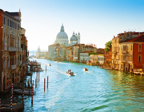 View of Grand Canal with Santa Maria della Salute on sunny morning, Venice, Italy.