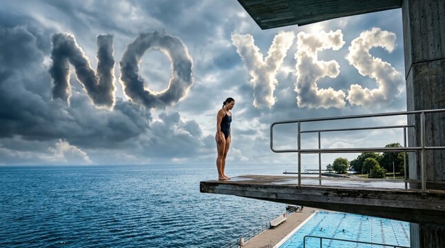 Woman on diving board facing choice between yes and no