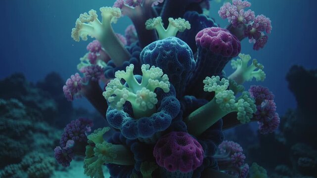 Coral reef ecosystem flourishing underwater, marine organisms thriving in clear ocean environment.