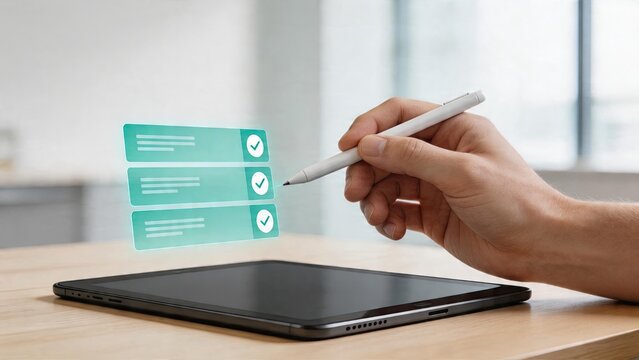Business man using digital tablet with pen holographic interface showing data checklists futuristic technology application for office work and modern software user experience