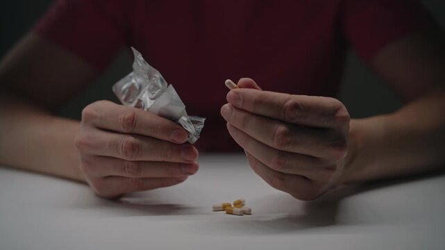 Close-up of man hands emptying pills from blister pack onto white table. Person handles capsules, leaving a small pile of medication. Dramatic lighting creates serious mood. Shooting in slow motion.