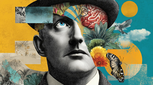 Surreal collage of human mind and mental health concept