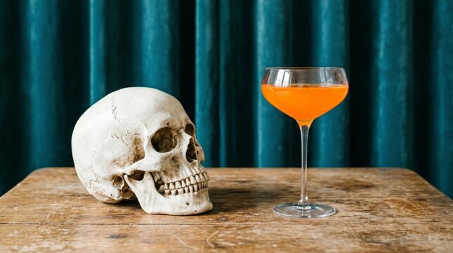 Human skull next to a glass of orange cocktail on a wooden table against a teal curtain background
