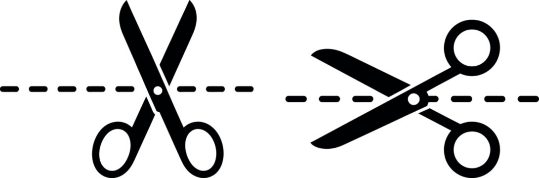 Simple pair of scissors icon with dashed line showing cutting action