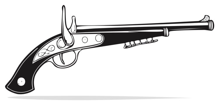 Vintage Style Flintlock Pistol Illustration: Antique Firearm Design in Black and White Drawing
